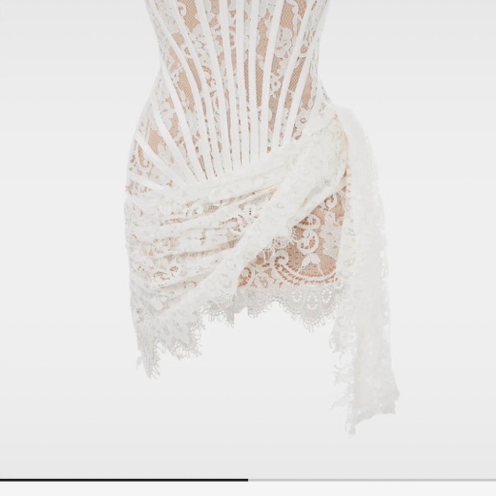 White Lace Draped Mini Dress with Sheer Corset Bodice